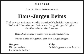 Traueranzeige von Hans-Jürgen Beims  von Magdeburger Volksstimme