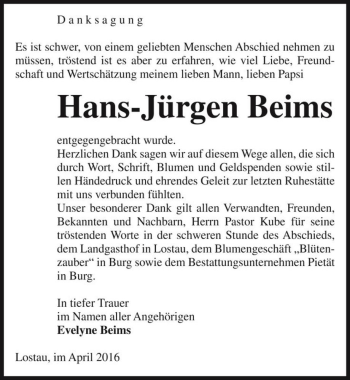 Traueranzeige von Hans-Jürgen Beims  von Magdeburger Volksstimme