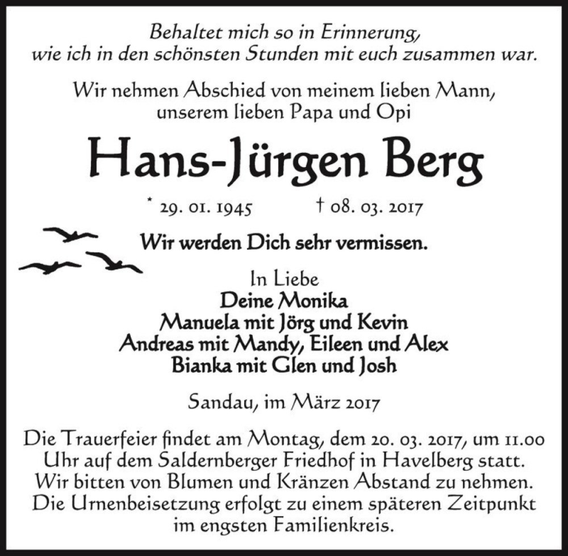  Traueranzeige für Hans-Jürgen Berg  vom 14.03.2017 aus Magdeburger Volksstimme