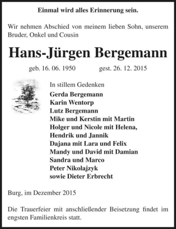 Traueranzeige von Hans-Jürgen Bergemann  von Magdeburger Volksstimme