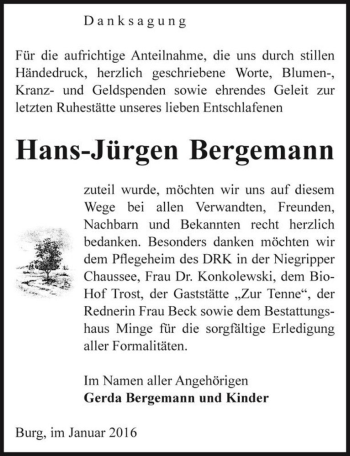 Traueranzeige von Hans-Jürgen Bergemann  von Magdeburger Volksstimme
