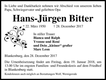 Traueranzeige von Hans-Jürgen Bitter  von Magdeburger Volksstimme