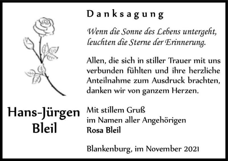  Traueranzeige für Hans-Jürgen Bleil  vom 27.11.2021 aus Magdeburger Volksstimme