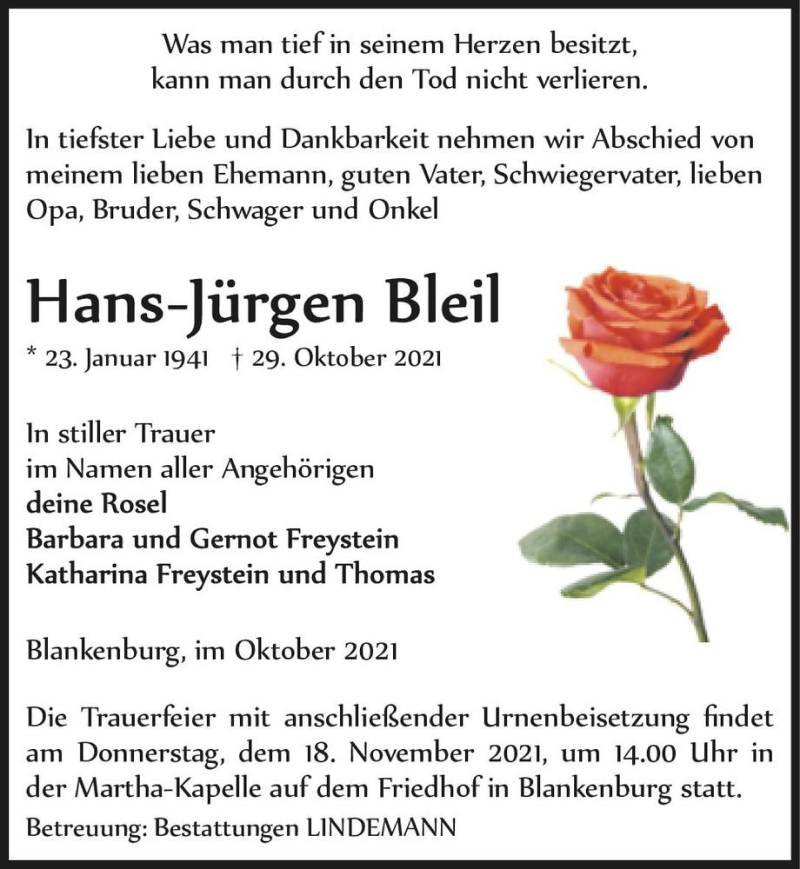  Traueranzeige für Hans-Jürgen Bleil  vom 06.11.2021 aus Magdeburger Volksstimme