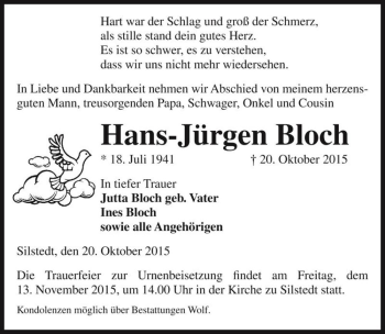 Traueranzeige von Hans-Jürgen Bloch  von Magdeburger Volksstimme