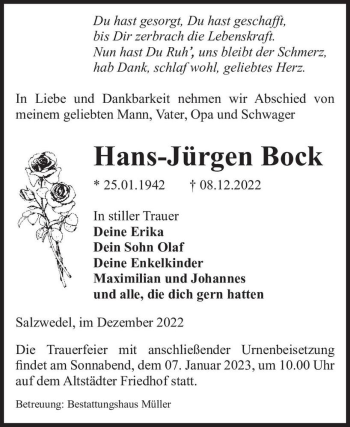 Traueranzeige von Hans-Jürgen Bock  von Magdeburger Volksstimme