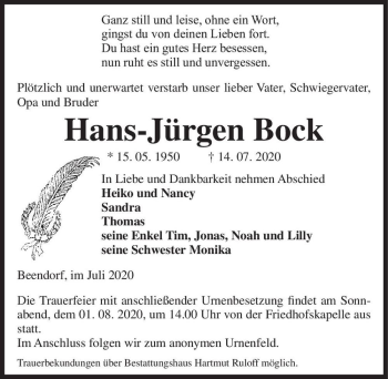Traueranzeige von Hans-Jürgen Bock  von Magdeburger Volksstimme