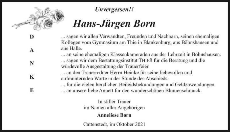  Traueranzeige für Hans-Jürgen Born  vom 09.10.2021 aus Magdeburger Volksstimme