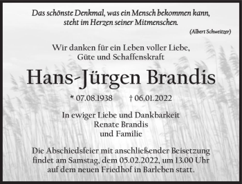 Traueranzeige von Hans-Jürgen Brandis  von Magdeburger Volksstimme