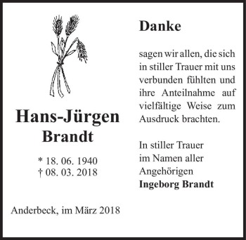 Traueranzeige von Hans-Jürgen Brandt  von Magdeburger Volksstimme