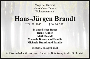 Traueranzeige von Hans-Jürgen Brandt  von Magdeburger Volksstimme