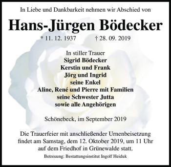 Traueranzeige von Hans-Jürgen Bödecker  von Magdeburger Volksstimme