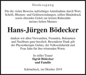 Traueranzeige von Hans-Jürgen Bödecker  von Magdeburger Volksstimme