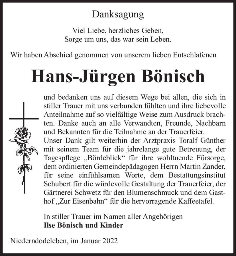  Traueranzeige für Hans-Jürgen Bönisch  vom 08.01.2022 aus Magdeburger Volksstimme