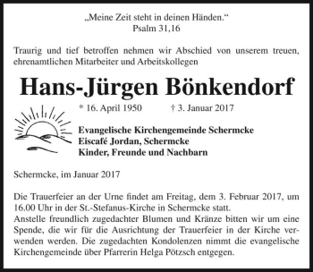 Traueranzeige von Hans-Jürgen Bönkendorf  von Magdeburger Volksstimme