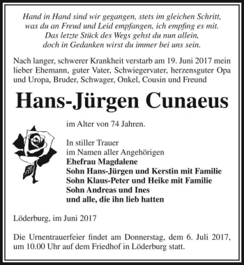 Traueranzeige von Hans-Jürgen Cunaeus  von Magdeburger Volksstimme