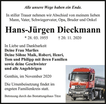 Traueranzeige von Hans-Jürgen Dieckmann  von Magdeburger Volksstimme