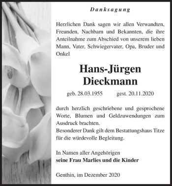 Traueranzeige von Hans-Jürgen Dieckmann  von Magdeburger Volksstimme