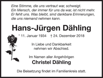 Traueranzeige von Hans-Jürgen Dähling  von Magdeburger Volksstimme