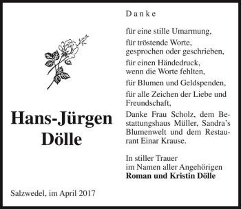 Traueranzeige von Hans-Jürgen Dölle  von Magdeburger Volksstimme