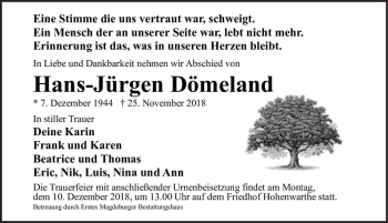 Traueranzeige von Hans-Jürgen Dömeland  von Magdeburger Volksstimme