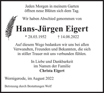 Traueranzeige von Hans-Jürgen Eigert  von Magdeburger Volksstimme