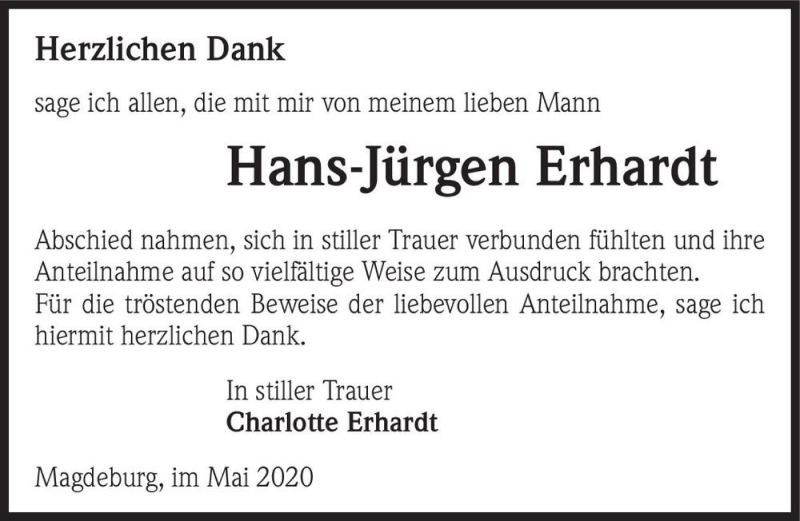  Traueranzeige für Hans-Jürgen Erhardt  vom 09.05.2020 aus Magdeburger Volksstimme