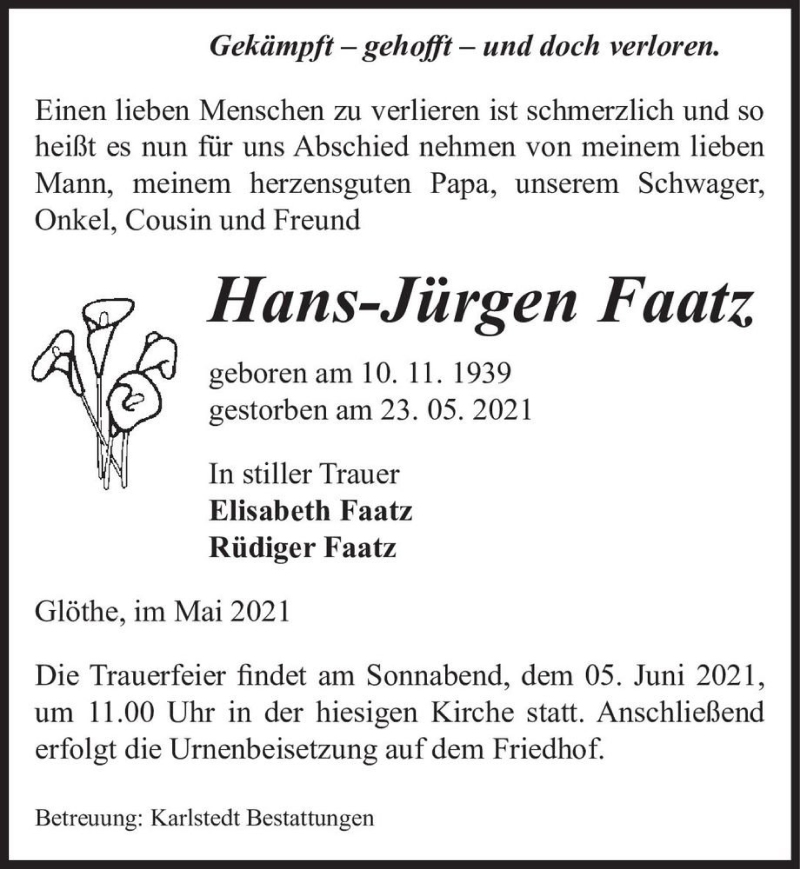  Traueranzeige für Hans-Jürgen Faatz  vom 29.05.2021 aus Magdeburger Volksstimme