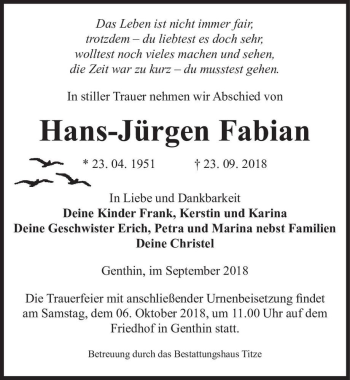 Traueranzeige von Hans-Jürgen Fabian  von Magdeburger Volksstimme