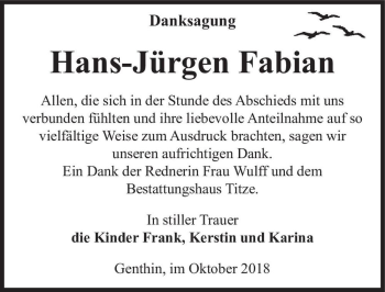 Traueranzeige von Hans-Jürgen Fabian  von Magdeburger Volksstimme