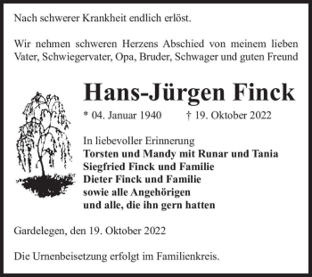 Traueranzeige von Hans-Jürgen Finck  von Magdeburger Volksstimme