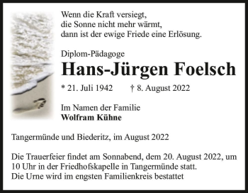 Traueranzeige von Hans-Jürgen Foelsch  von Magdeburger Volksstimme