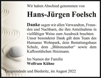 Traueranzeige von Hans-Jürgen Foelsch  von Magdeburger Volksstimme