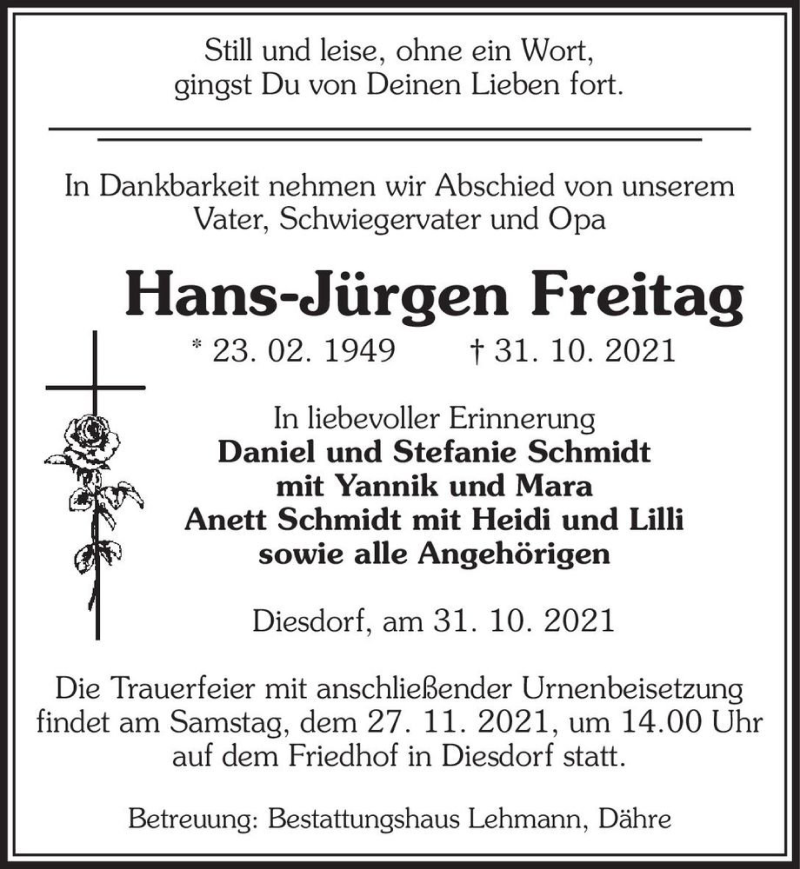  Traueranzeige für Hans-Jürgen Freitag  vom 03.11.2021 aus Magdeburger Volksstimme