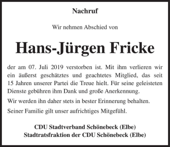 Traueranzeige von Hans-Jürgen Fricke  von Magdeburger Volksstimme