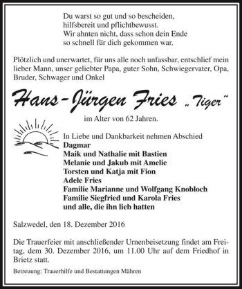 Traueranzeige von Hans-Jürgen Fries 