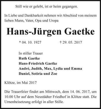 Traueranzeige von Hans-Jürgen Gaetke  von Magdeburger Volksstimme