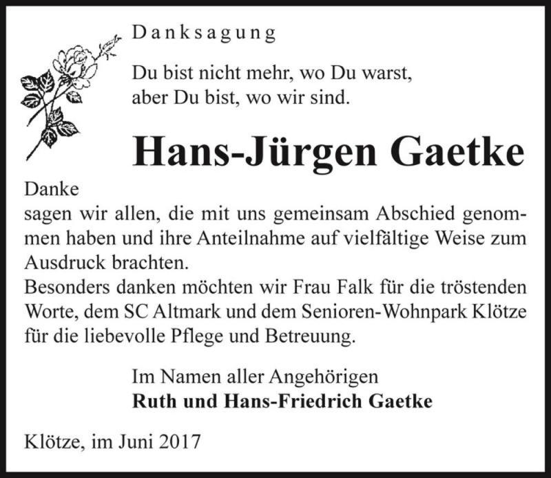  Traueranzeige für Hans-Jürgen Gaetke  vom 01.07.2017 aus Magdeburger Volksstimme