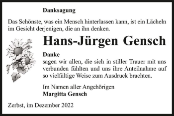 Traueranzeige von Hans-Jürgen Gensch  von Magdeburger Volksstimme