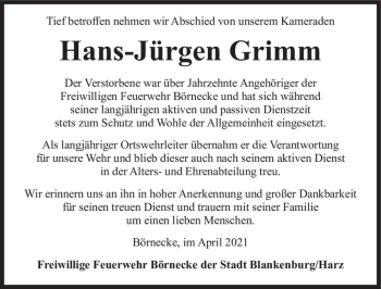 Traueranzeige von Hans-Jürgen Grimm  von Magdeburger Volksstimme