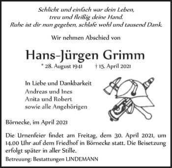 Traueranzeige von Hans-Jürgen Grimm  von Magdeburger Volksstimme