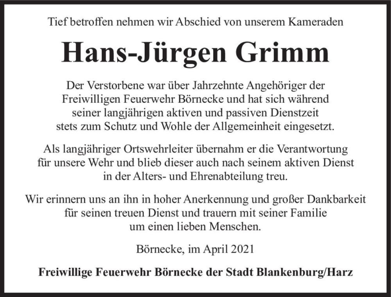  Traueranzeige für Hans-Jürgen Grimm  vom 29.04.2021 aus Magdeburger Volksstimme