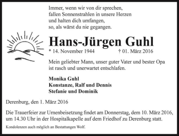 Traueranzeige von Hans-Jürgen Guhl  von Magdeburger Volksstimme