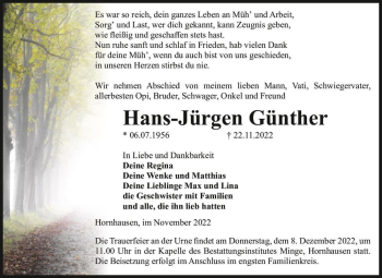 Traueranzeige von Hans-Jürgen Günther  von Magdeburger Volksstimme