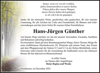 Traueranzeige von Hans-Jürgen Günther  von Magdeburger Volksstimme