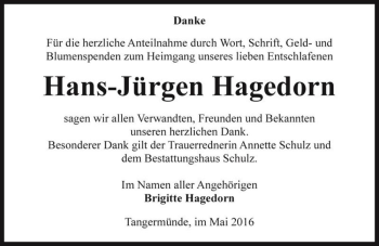 Traueranzeige von Hans-Jürgen Hagedorn  von Magdeburger Volksstimme