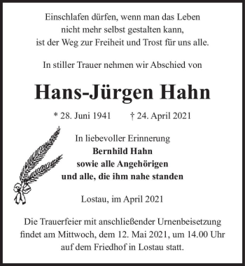 Traueranzeige von Hans-Jürgen Hahn  von Magdeburger Volksstimme