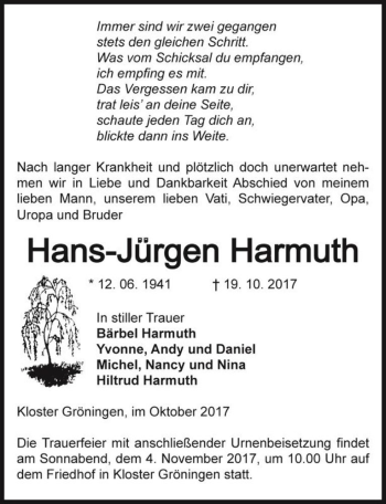 Traueranzeige von Hans-Jürgen Harmuth  von Magdeburger Volksstimme