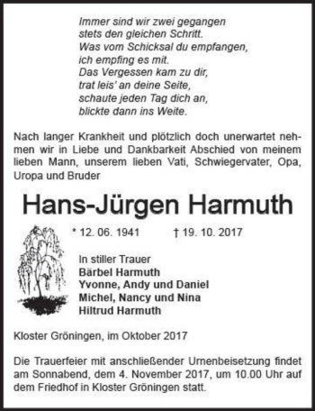 Traueranzeige von Hans-Jürgen Harmuth  von Magdeburger Volksstimme