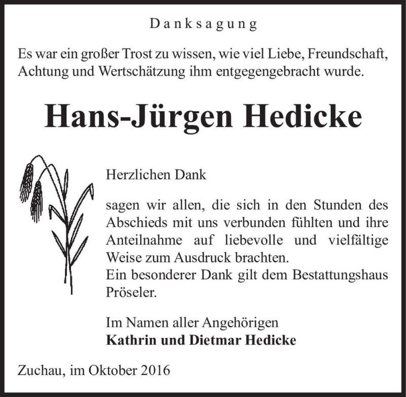  Traueranzeige für Hans-Jürgen Hedicke  vom 29.10.2016 aus Magdeburger Volksstimme